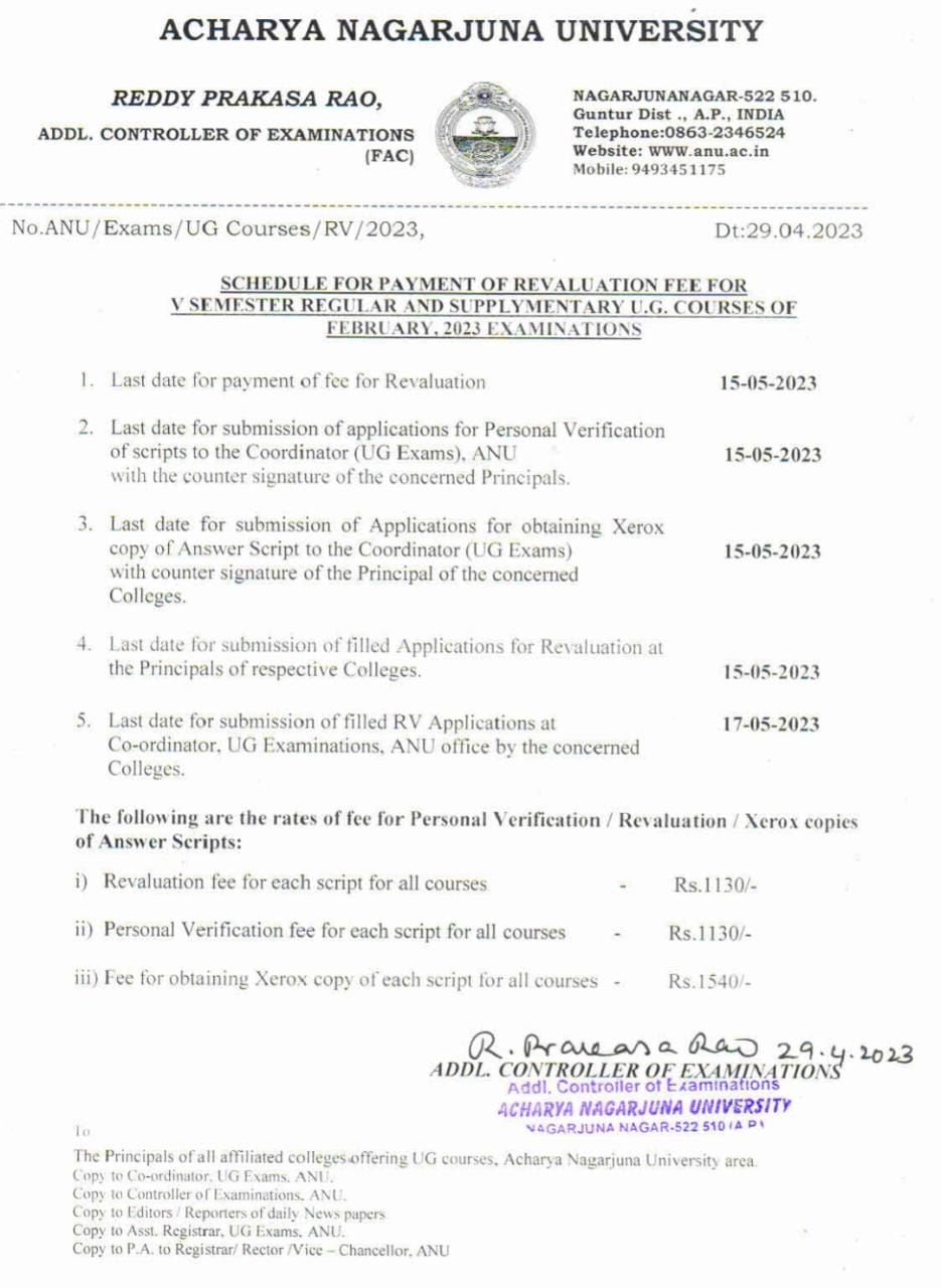 Schedule for Payment of Revaluation Fee for V Sem – D.S. Government ...
